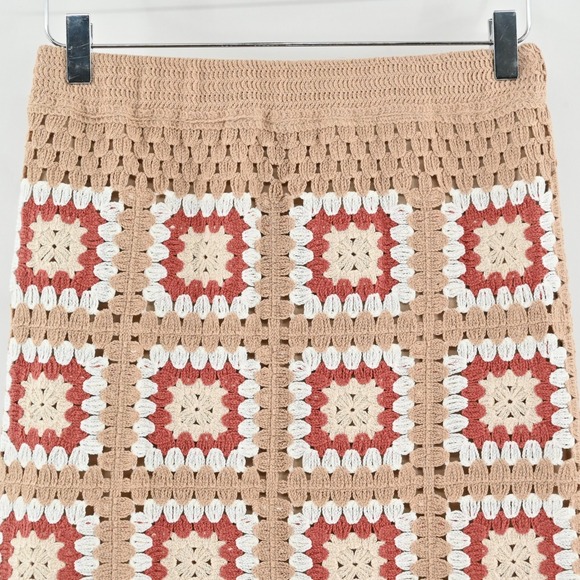 Lulus Womens Granny Squares Crochet Mini Skirt Size S Tan Boho Festival Lined - Picture 7 of 11
